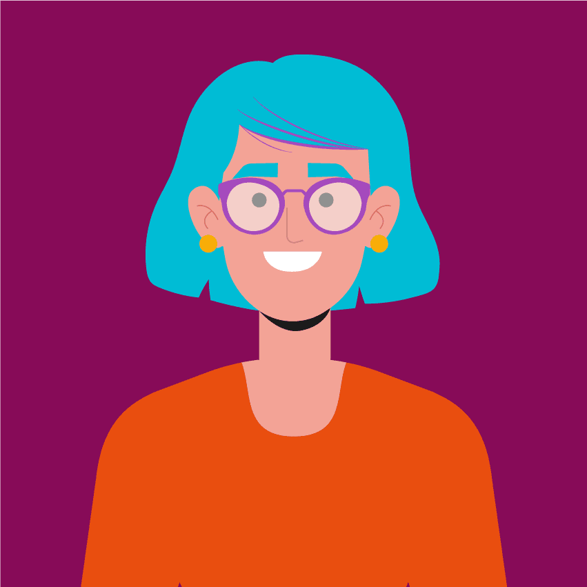 An illustration of a woman with blue bobbed hair and glasses. 