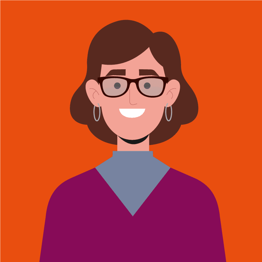 An illustration of a woman with brown bobbed hair and glasses. 