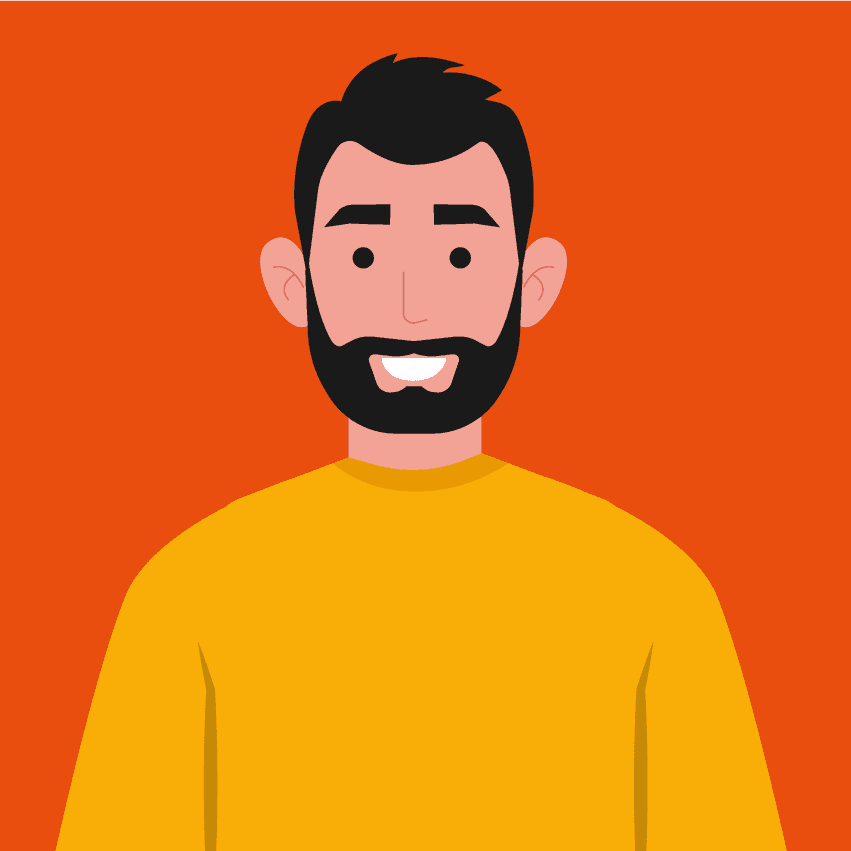 An illustration of a man with short dark hair, a beard and a yellow jumper.