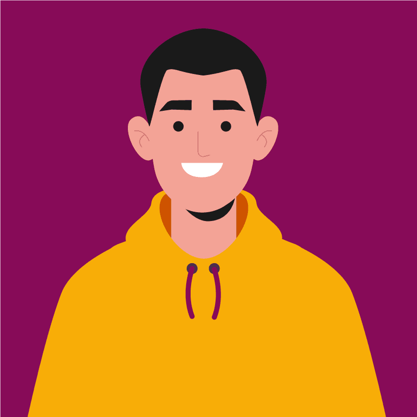 An illustration of a man with short dark hair and a yellow hoodie.